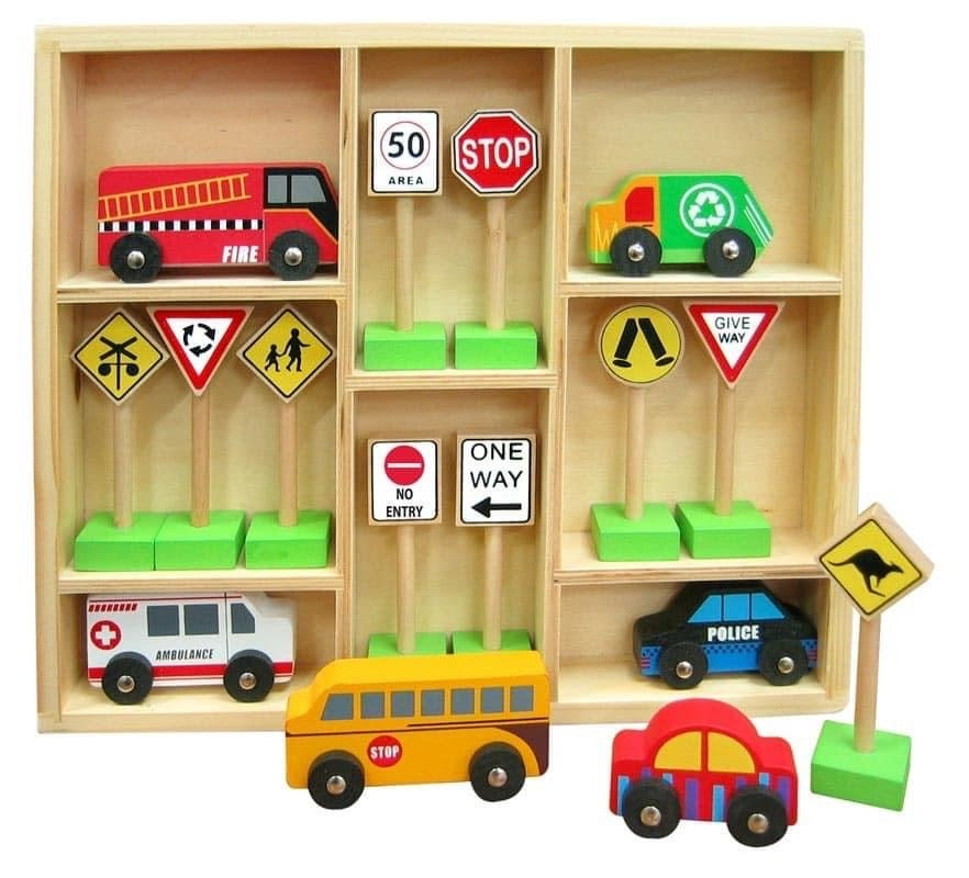 Wooden vehicles and road signs